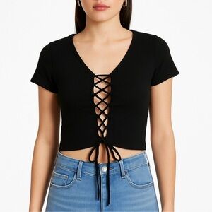 White *****Chic Black Lace-Up Crop Top